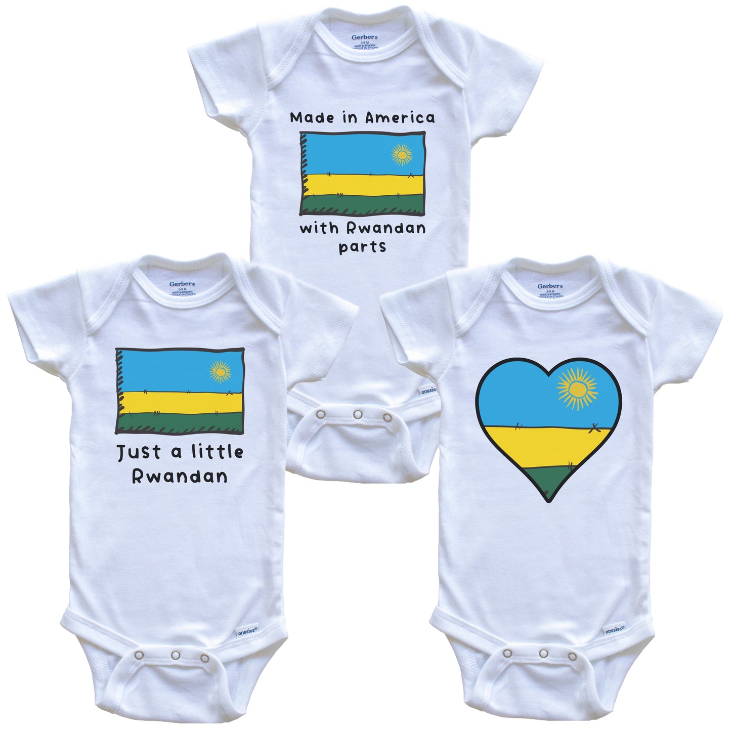 Made in America with Rwandan Parts Funny Rwanda Flag Baby Bodysuit Bundle (3 Piece Gift Set)