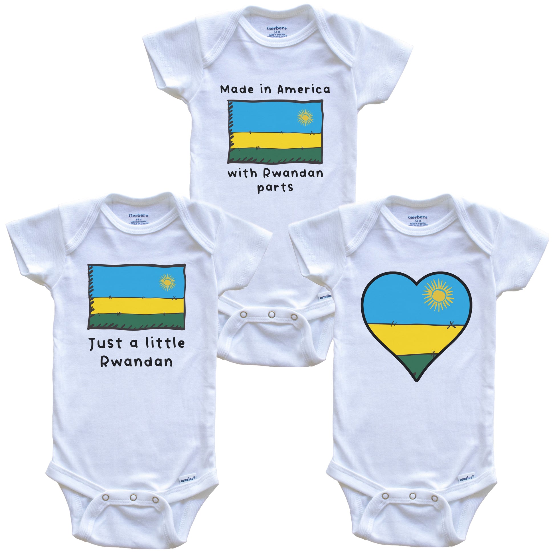 Made in America with Rwandan Parts Funny Rwanda Flag Baby Bodysuit Bundle (3 Piece Gift Set)