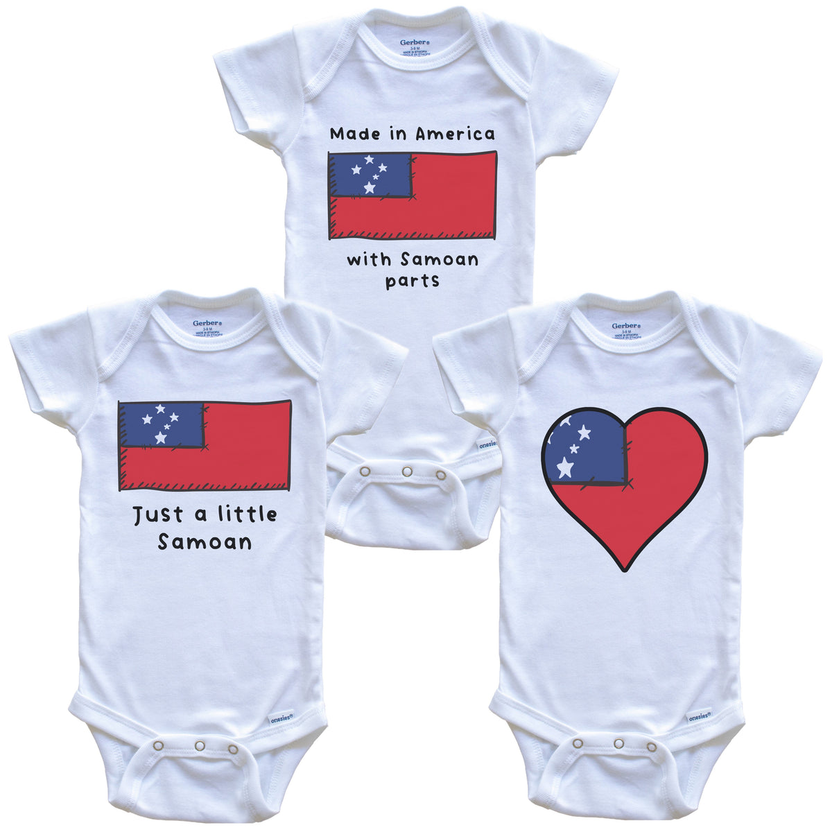 Made in America with Samoan Parts Funny Samoa Flag Baby Bodysuit Bundle (3 Piece Gift Set)
