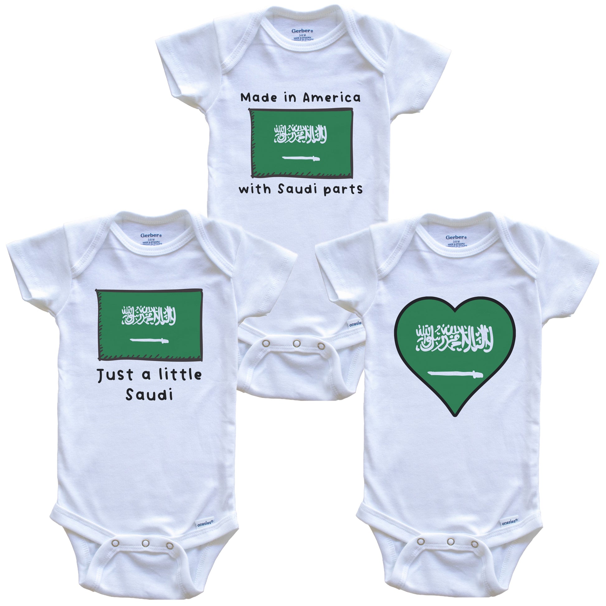 Made in America with Saudi Parts Funny Saudi Arabia Flag Baby Bodysuit Bundle (3 Piece Gift Set)