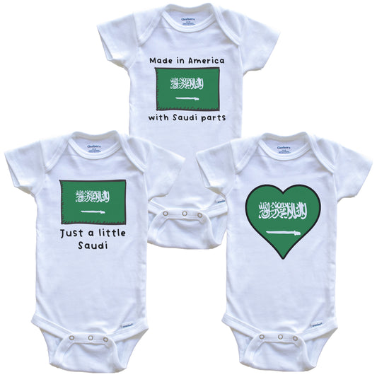Made in America with Saudi Parts Funny Saudi Arabia Flag Baby Bodysuit Bundle (3 Piece Gift Set)