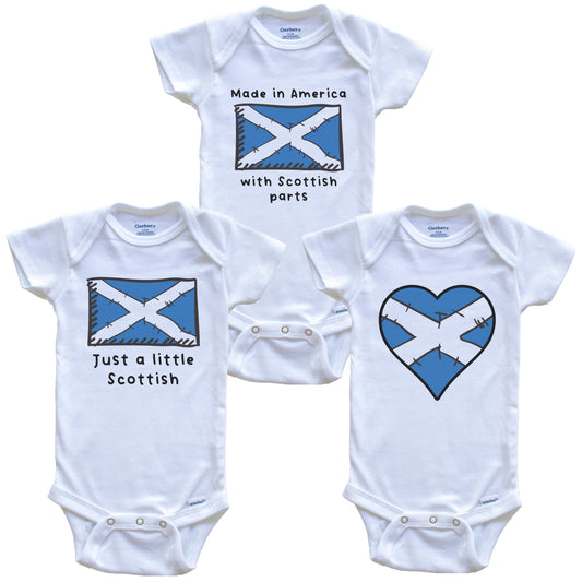 Made in America with Scottish Parts Funny Scotland Flag Baby Bodysuit Bundle (3 Piece Gift Set)
