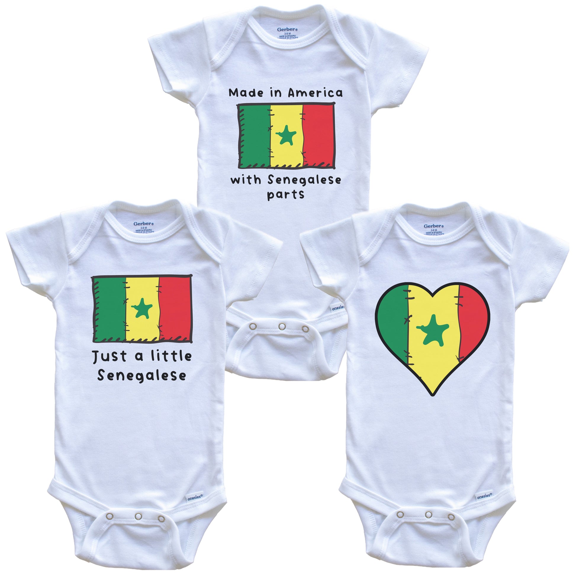 Made in America with Senegalese Parts Funny Senegal Flag Baby Bodysuit Bundle (3 Piece Gift Set)