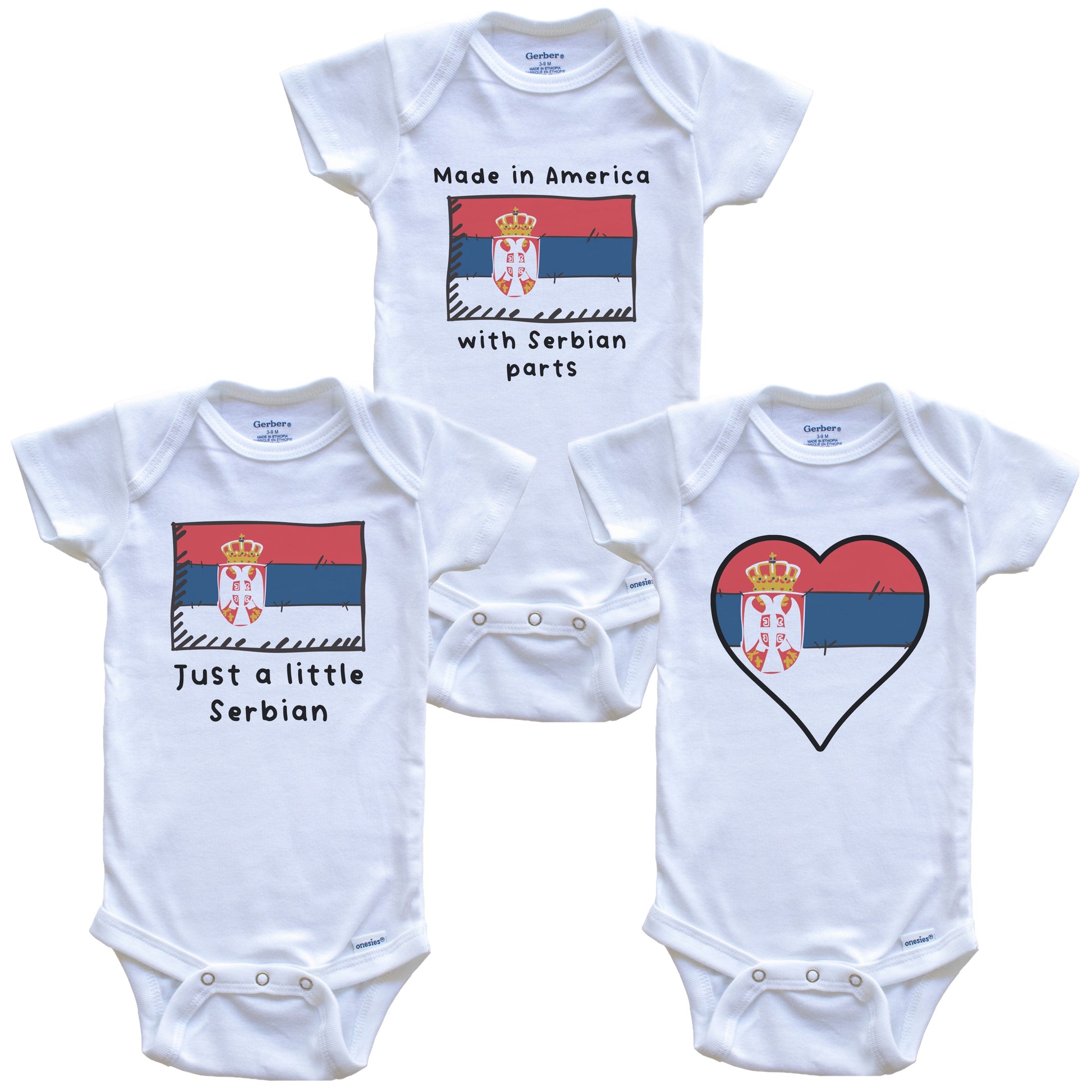 Made in America with Serbian Parts Funny Serbia Flag Baby Bodysuit Bundle (3 Piece Gift Set)