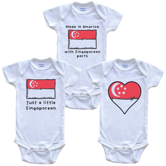 Made in America with Singaporean Parts Funny Singapore Flag Baby Bodysuit Bundle (3 Piece Gift Set)