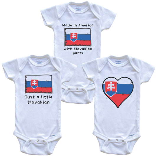 Made in America with Slovakian Parts Funny Slovakia Flag Baby Bodysuit Bundle (3 Piece Gift Set)