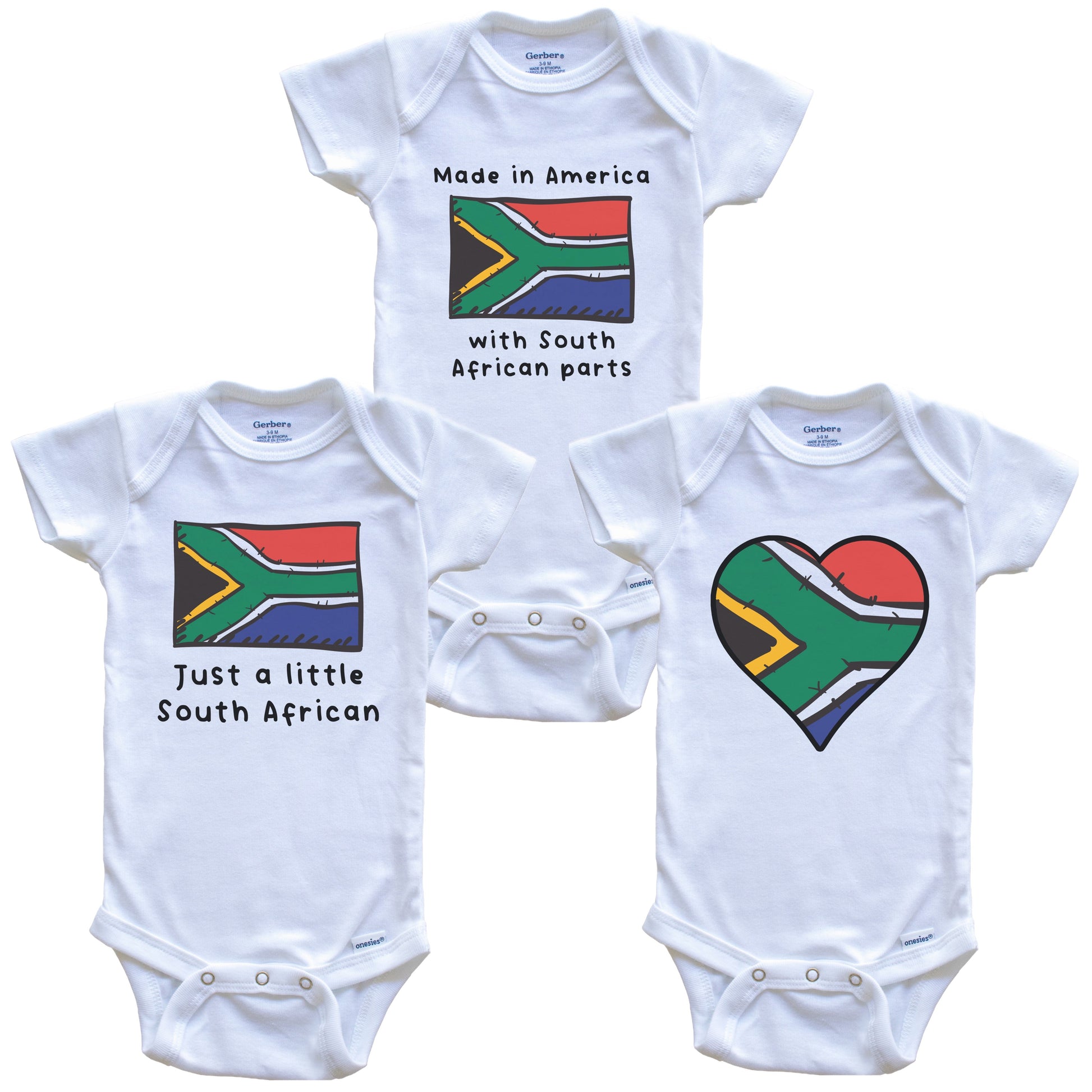Made in America with South African Parts Funny South Africa Flag Baby Bodysuit Bundle (3 Piece Gift Set)