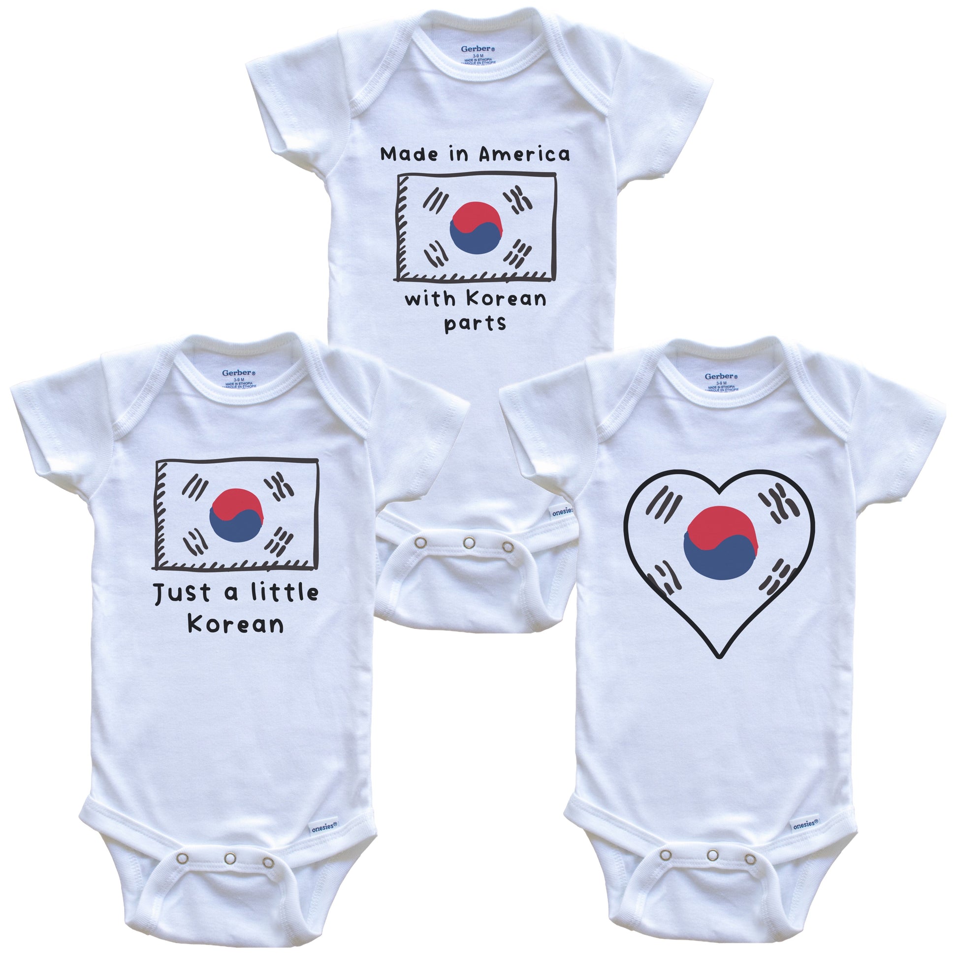 Made in America with Korean Parts Funny South Korea Flag Baby Bodysuit Bundle (3 Piece Gift Set)