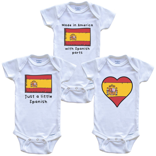 Made in America with Spanish Parts Funny Spain Flag Baby Bodysuit Bundle (3 Piece Gift Set)
