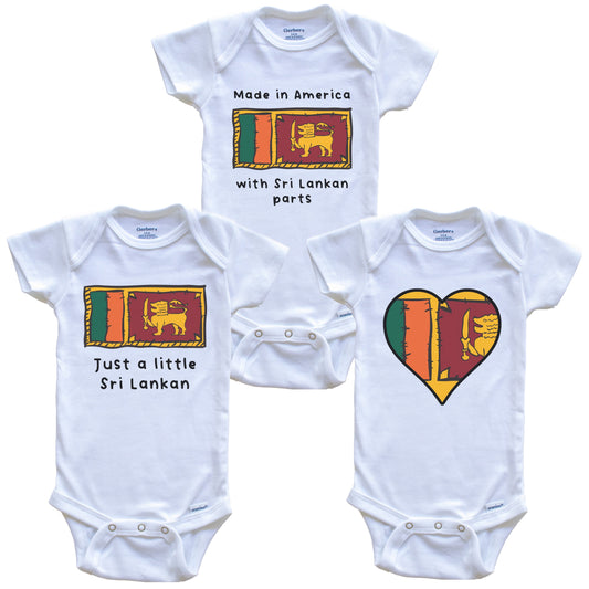 Made in America with Sri Lankan Parts Funny Sri Lanka Flag Baby Bodysuit Bundle (3 Piece Gift Set)