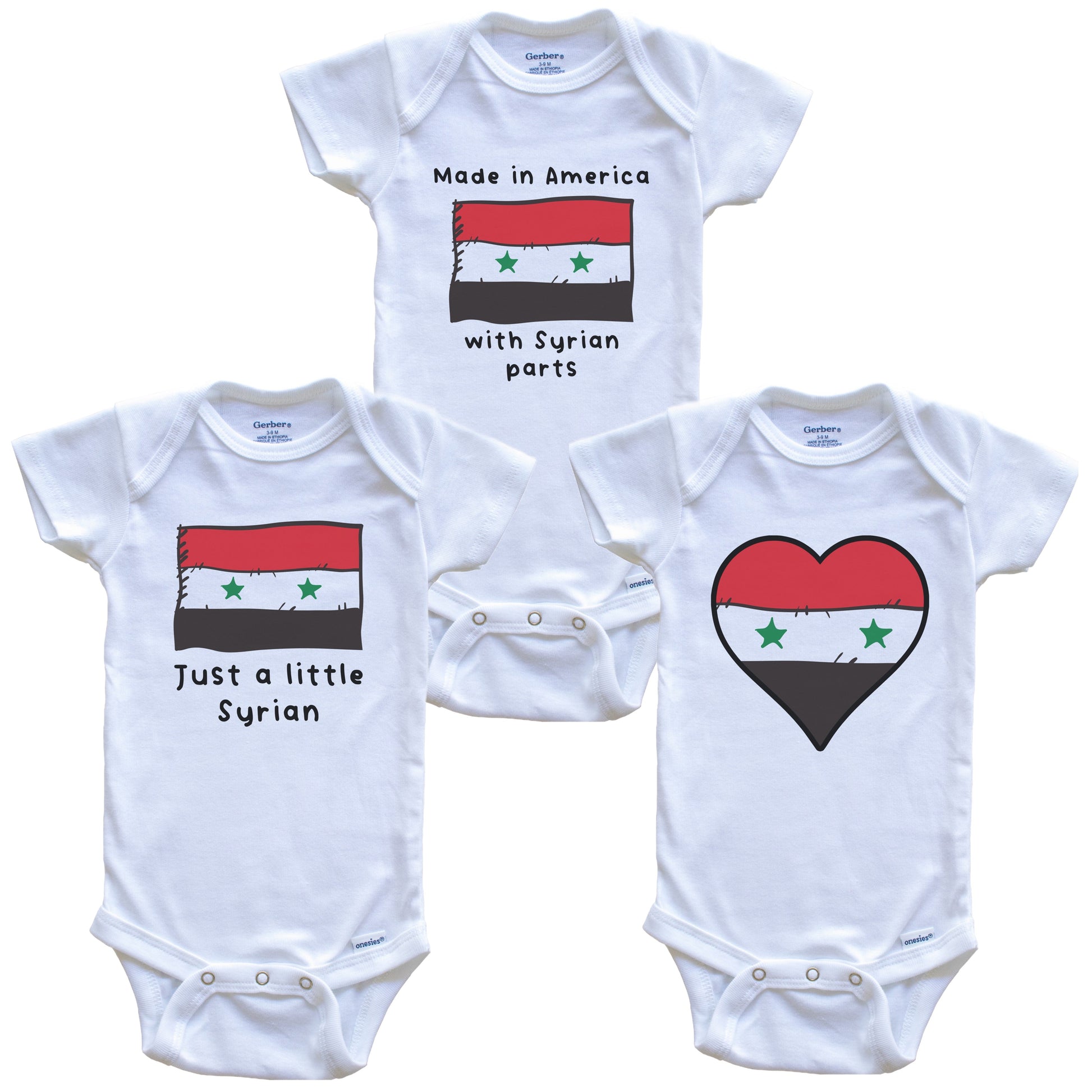 Made in America with Syrian Parts Funny Syria Flag Baby Bodysuit Bundle (3 Piece Gift Set)