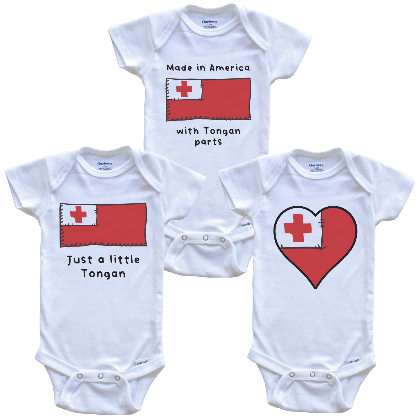 Made in America with Tongan Parts Funny Tonga Flag Baby Bodysuit Bundle (3 Piece Gift Set)