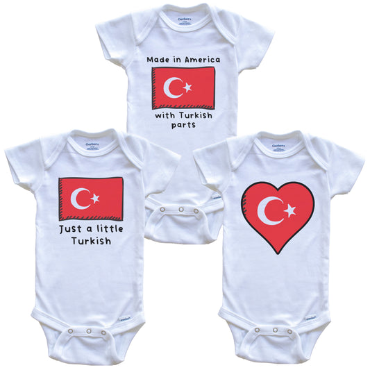 Made in America with Turkish Parts Funny Turkey Flag Baby Bodysuit Bundle (3 Piece Gift Set)