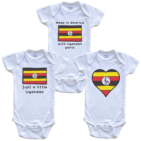 Made in America with Ugandan Parts Funny Uganda Flag Baby Bodysuit Bundle (3 Piece Gift Set)