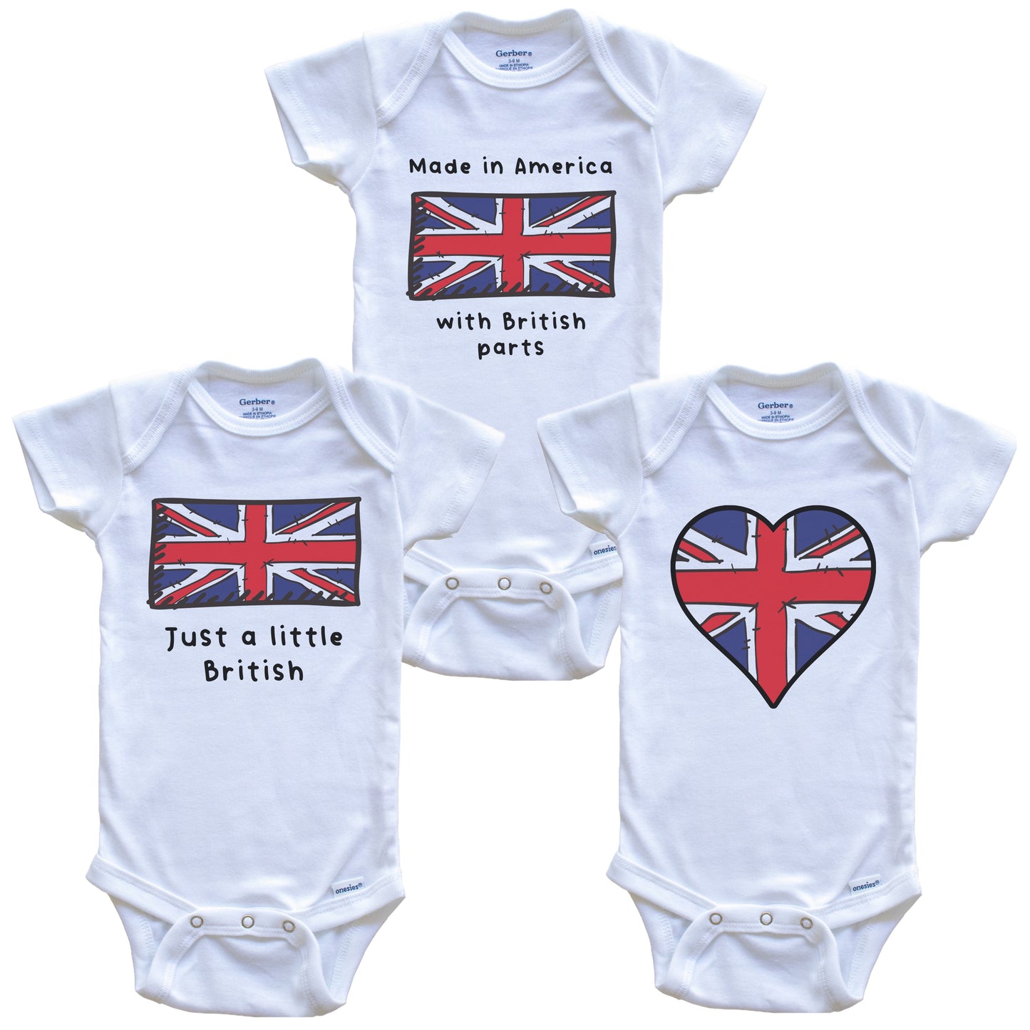 Made in America with British Parts Funny United Kingdom Flag Baby Bodysuit Bundle (3 Piece Gift Set)