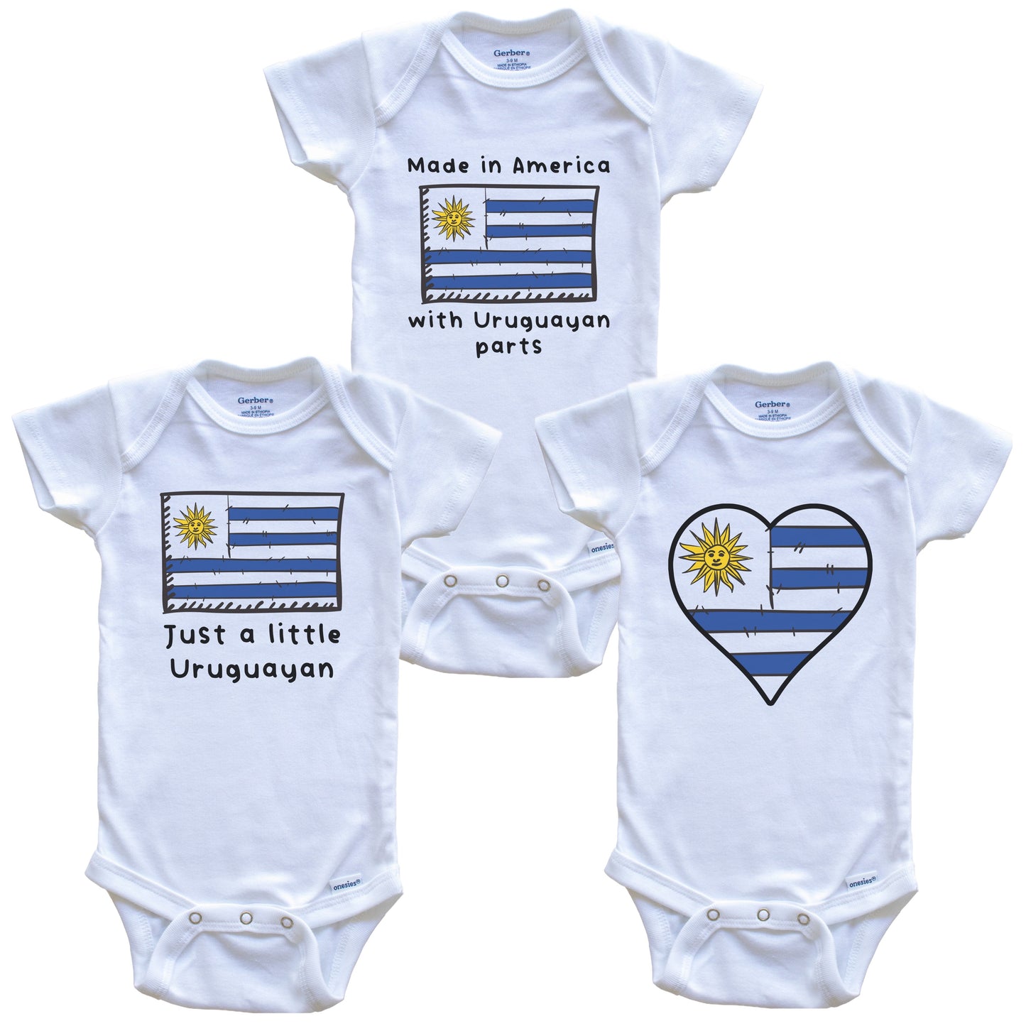 Made in America with Uruguayan Parts Funny Uruguay Flag Baby Bodysuit Bundle (3 Piece Gift Set)