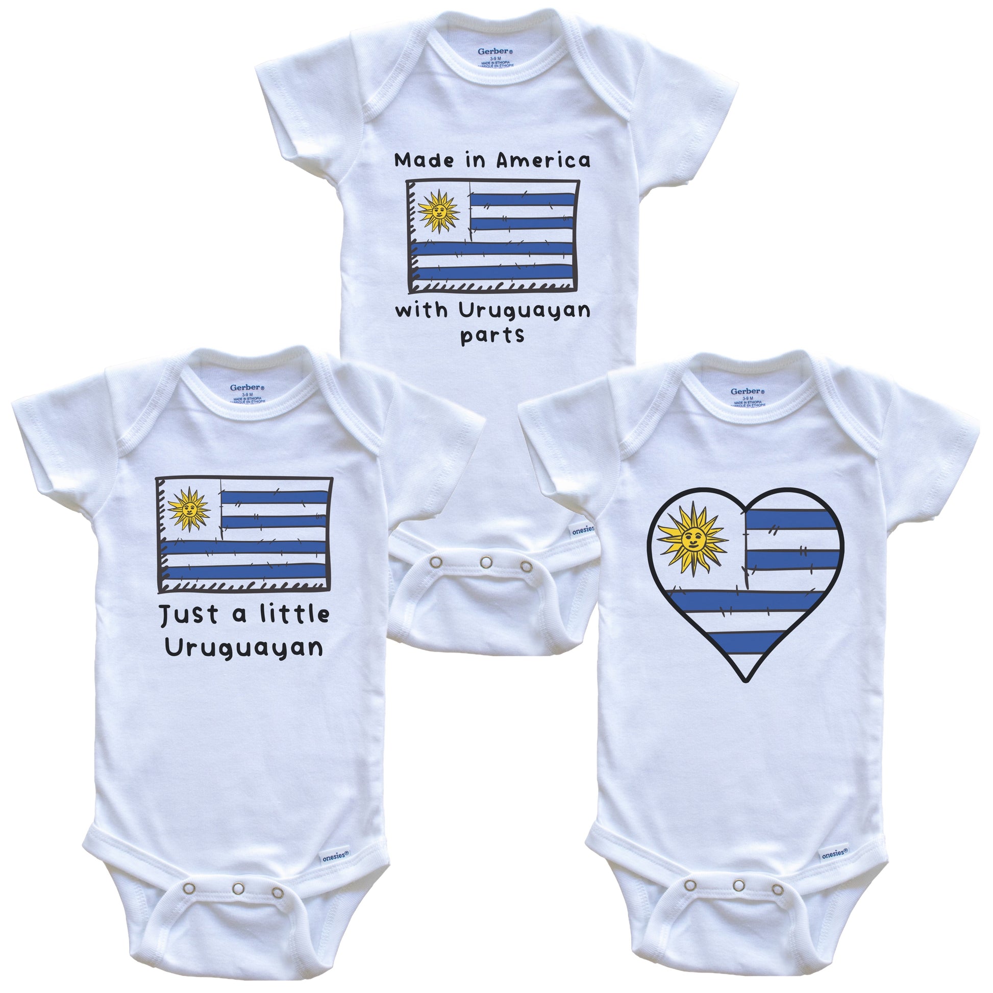 Made in America with Uruguayan Parts Funny Uruguay Flag Baby Bodysuit Bundle (3 Piece Gift Set)