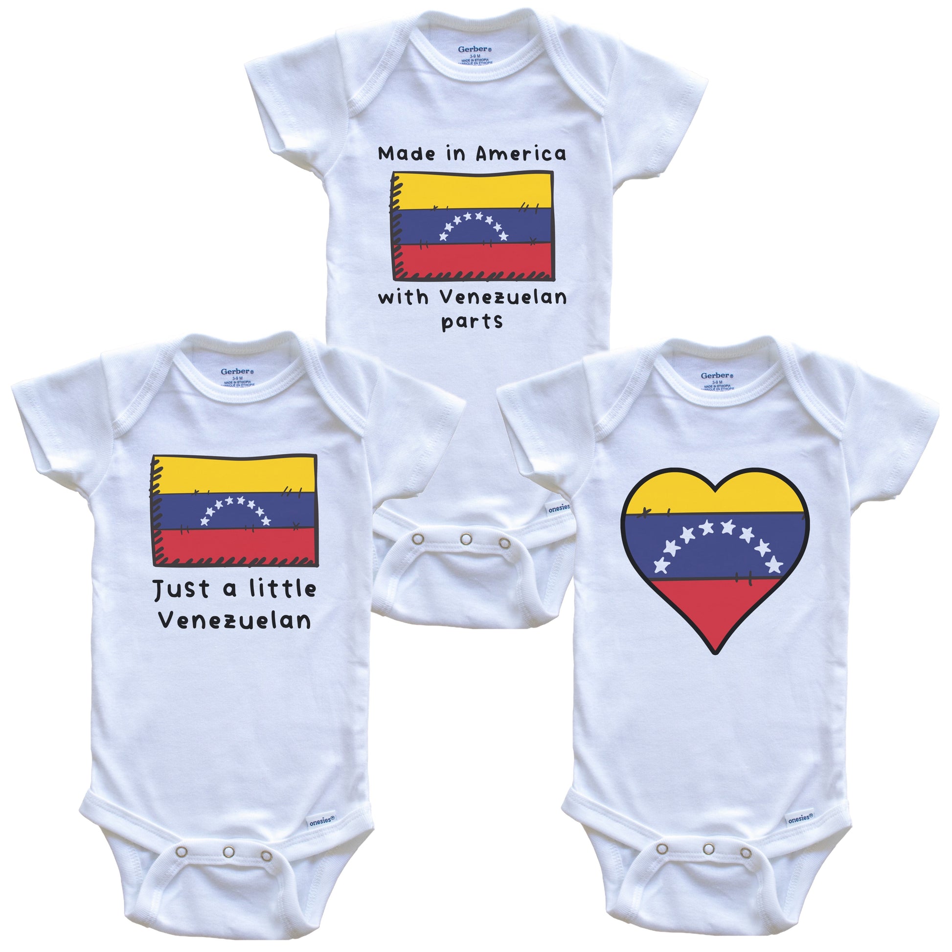 Made in America with Venezuelan Parts Funny Venezuela Flag Baby Bodysuit Bundle (3 Piece Gift Set)