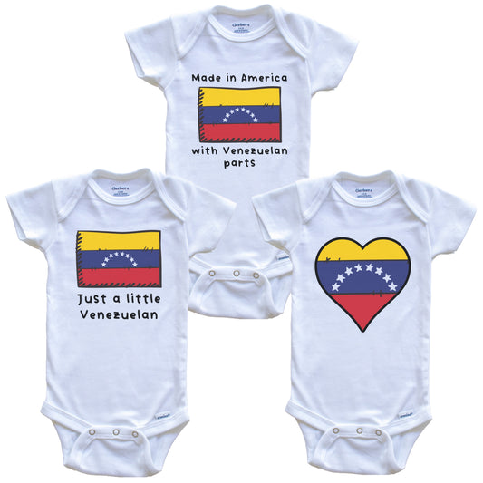 Made in America with Venezuelan Parts Funny Venezuela Flag Baby Bodysuit Bundle (3 Piece Gift Set)