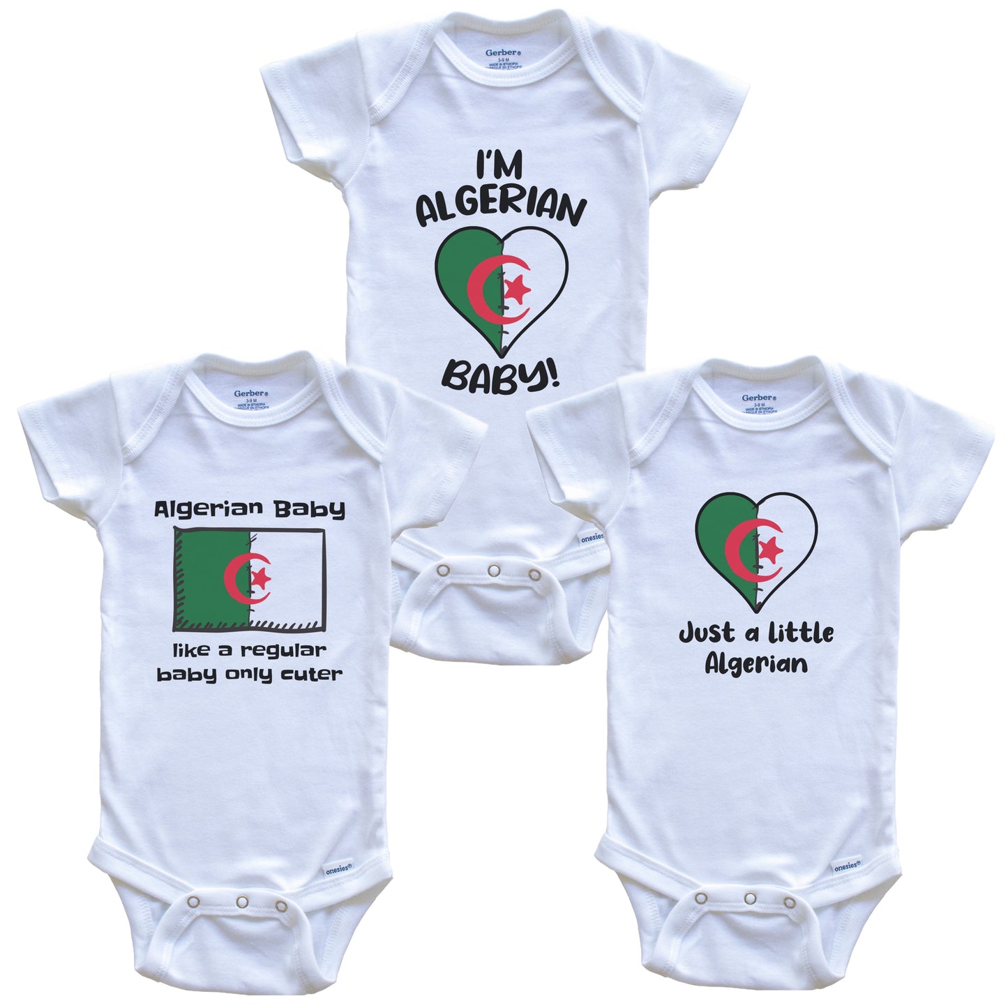 Algerian Baby Bodysuits Funny Algeria Flag 3 Piece Gift Set
