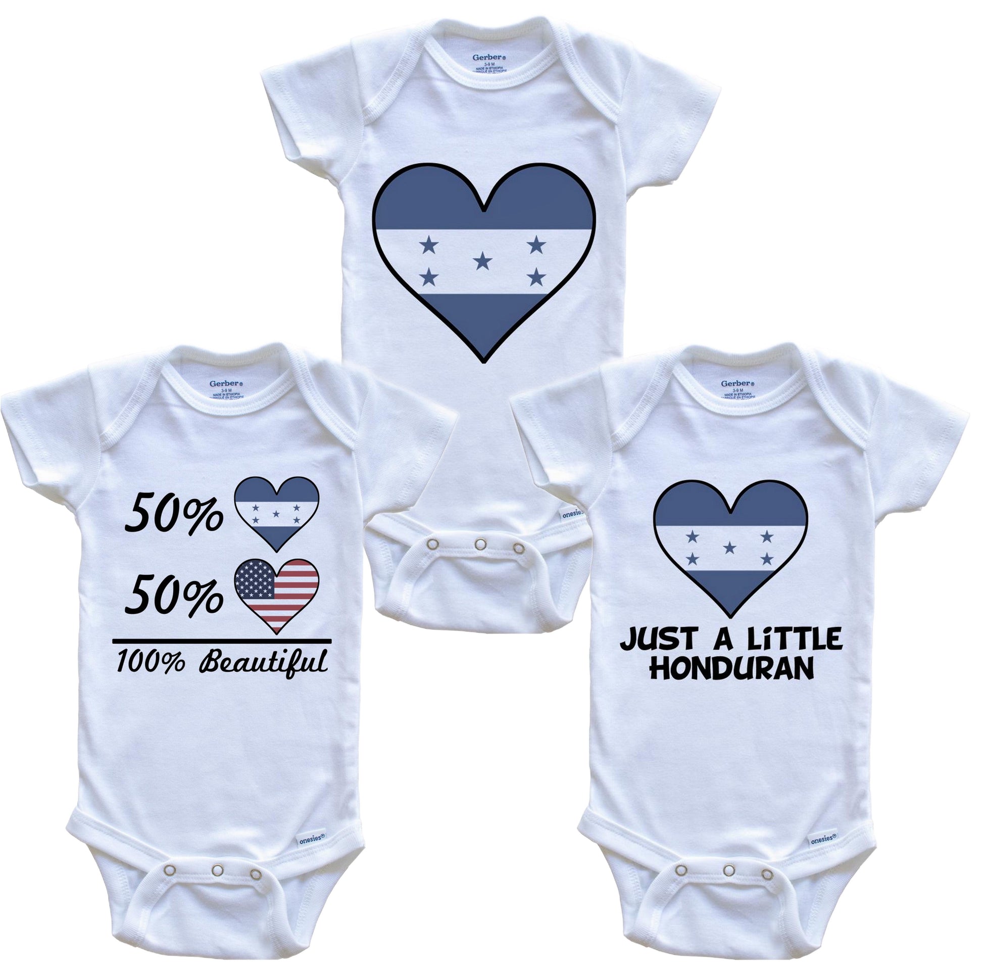 Honduran American Heart Flag Baby Bodysuit Bundle (3 Piece Set)