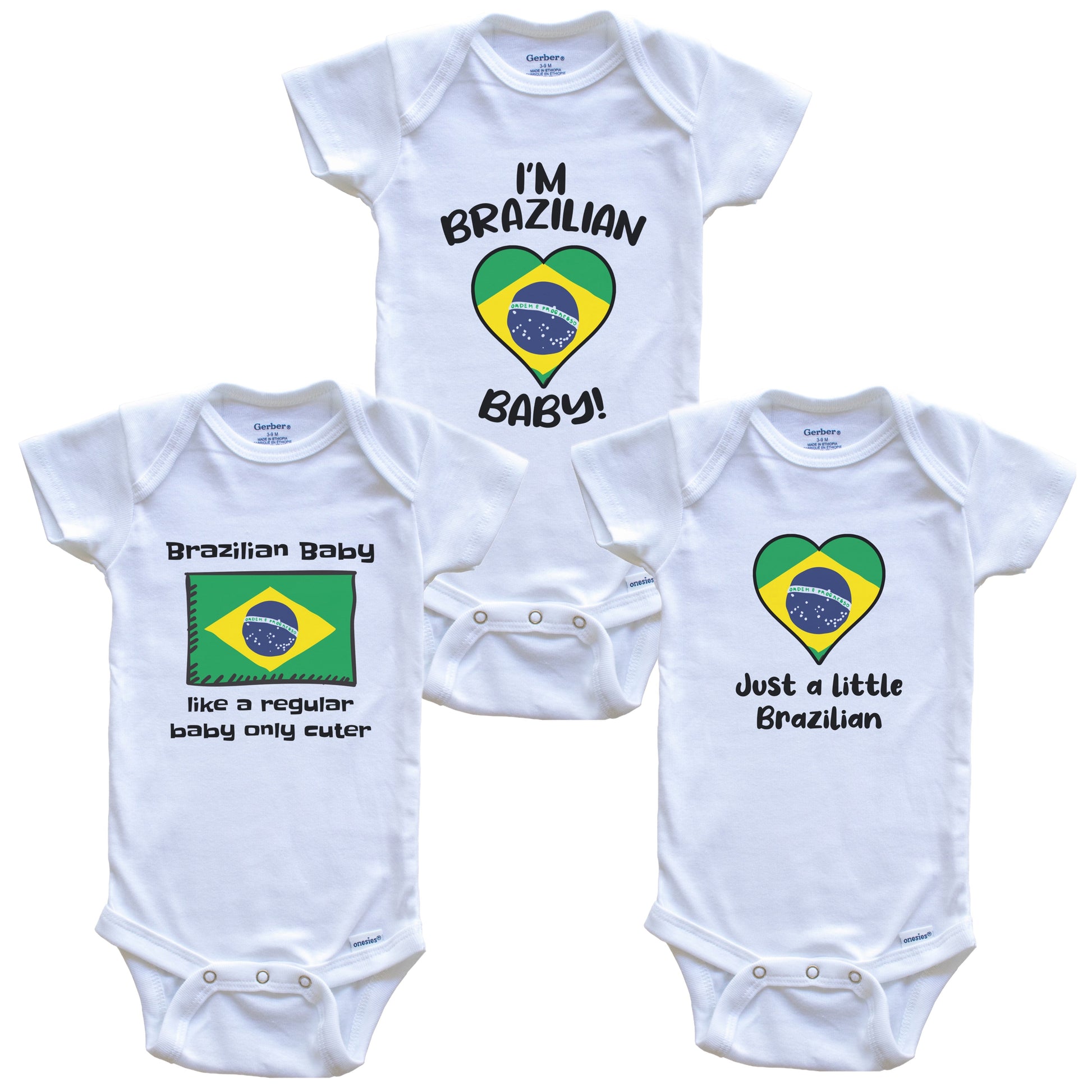 Brazilian Baby Bodysuits Funny Brazil Flag 3 Piece Gift Set