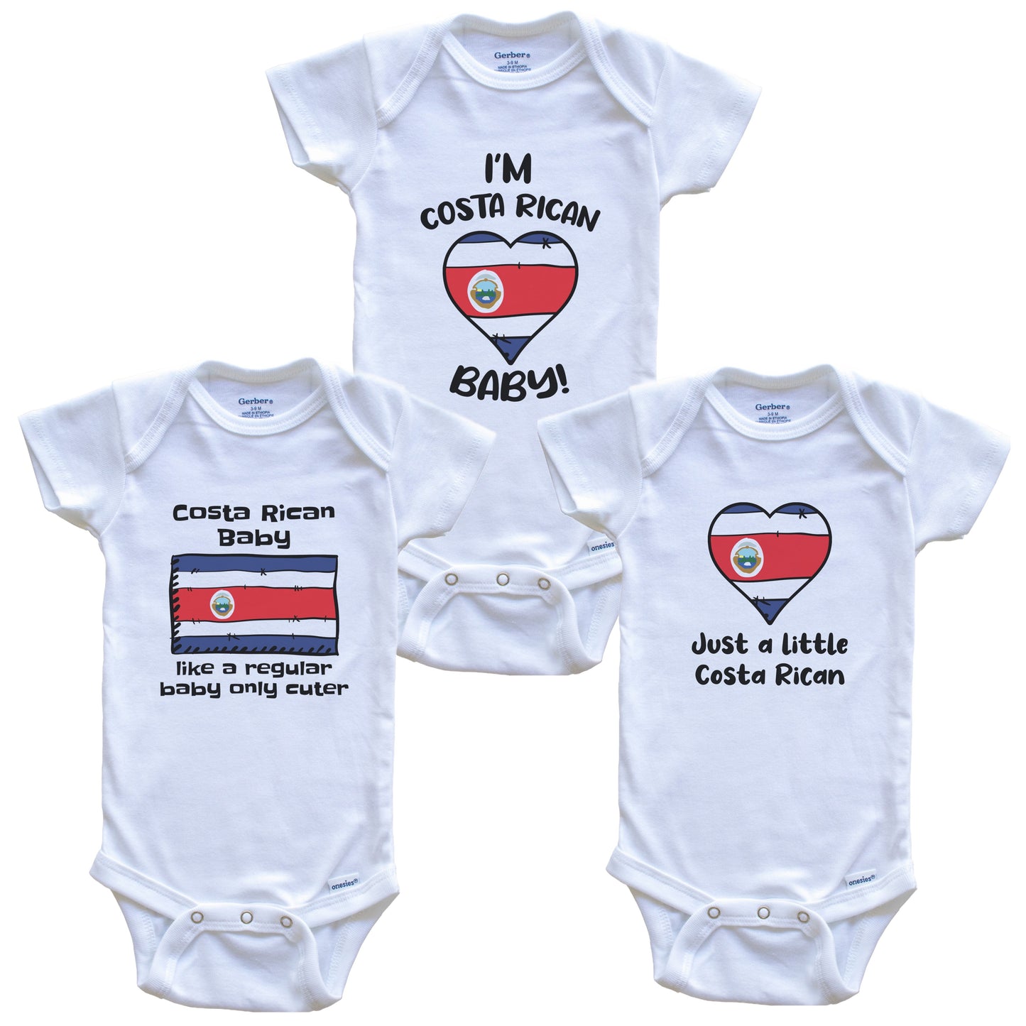 Costa Rican Baby Bodysuits Funny Costa Rica Flag 3 Piece Gift Set