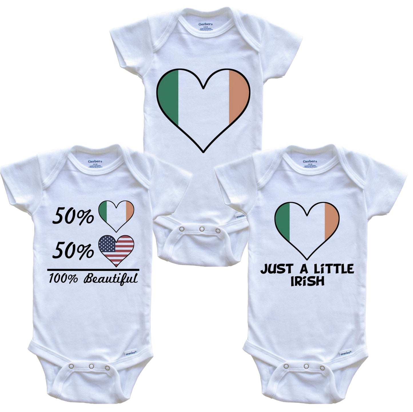 Irish American Heart Flag Baby Bodysuit Bundle (3 Piece Set)