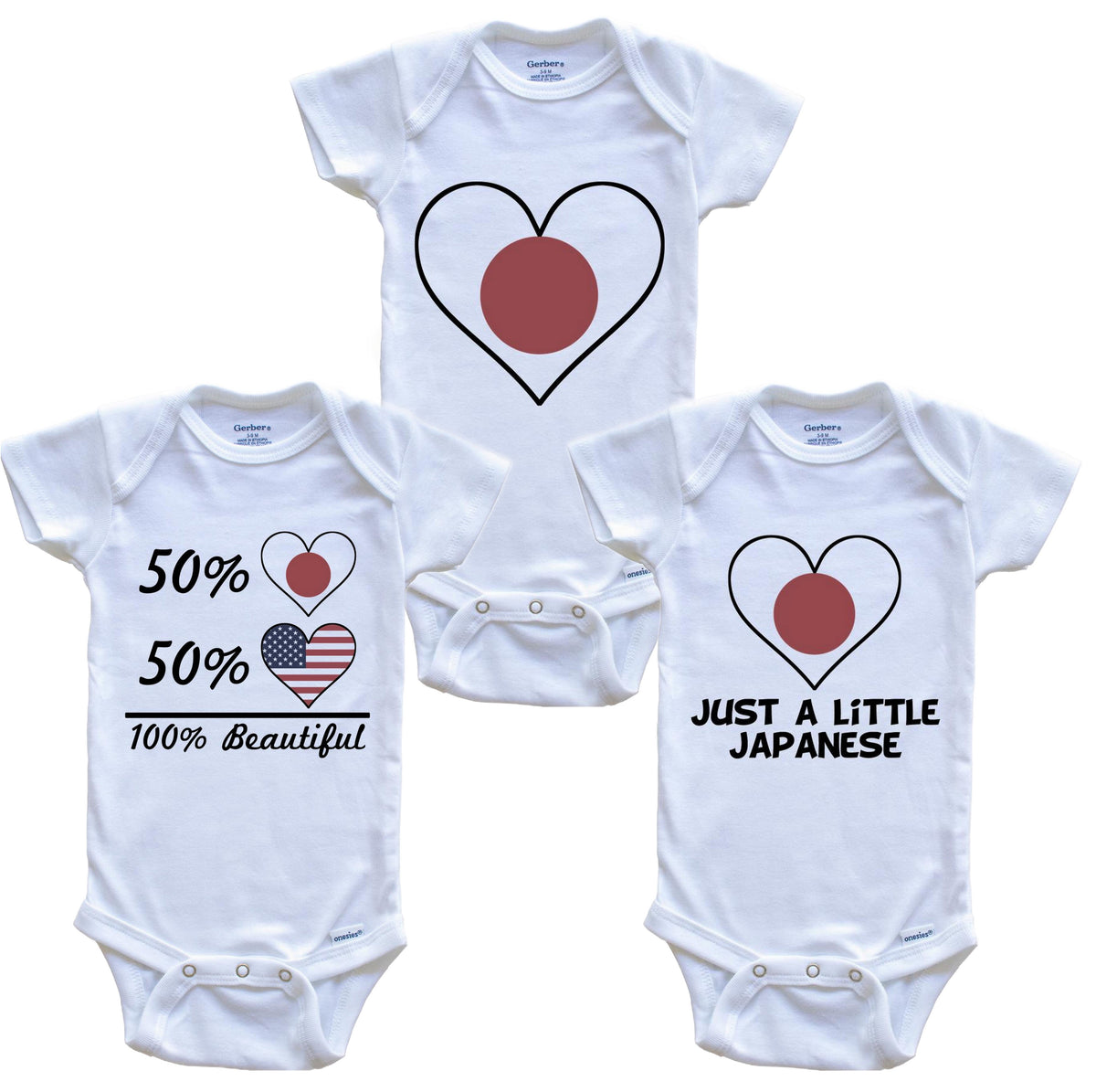Japanese American Heart Flag Baby Bodysuit Bundle (3 Piece Set)