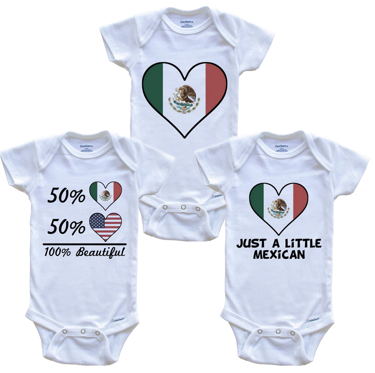 Mexican American Heart Flag Baby Bodysuit Bundle (3 Piece Set)