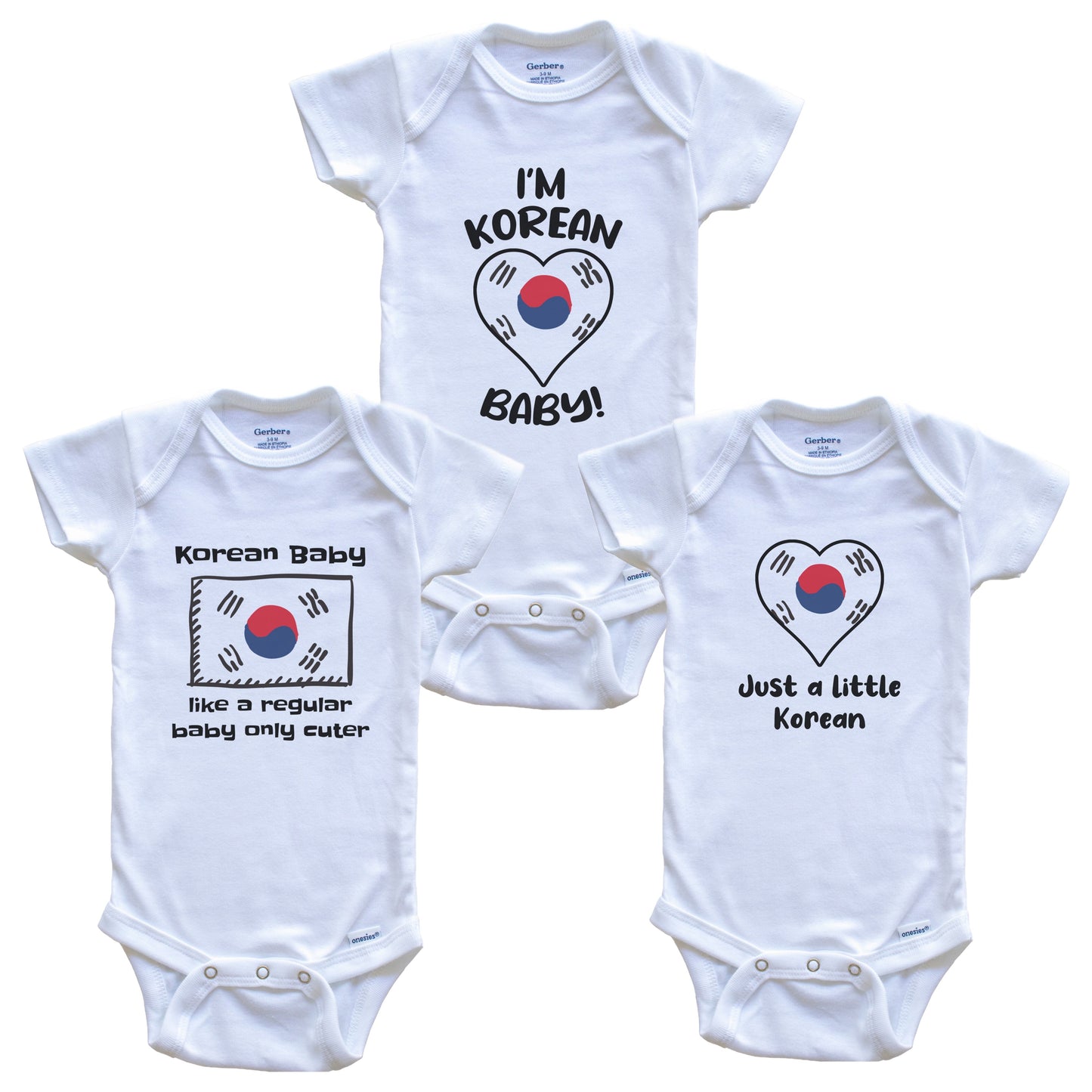 Korean Baby Bodysuits Funny South Korea Flag 3 Piece Gift Set