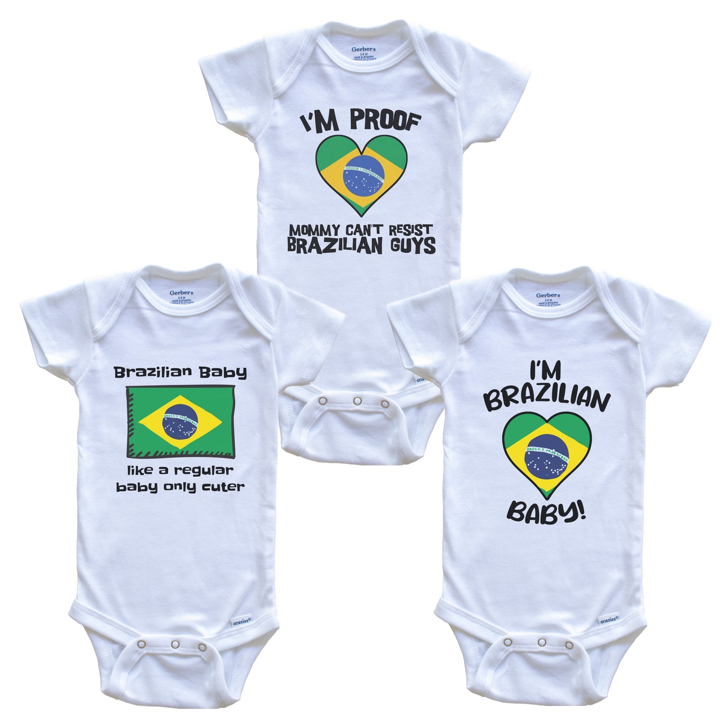 Dad is Brazilian Baby Bodysuits Funny Brazil Flag 3 Piece Gift Set