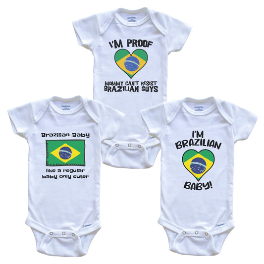 Dad is Brazilian Baby Bodysuits Funny Brazil Flag 3 Piece Gift Set