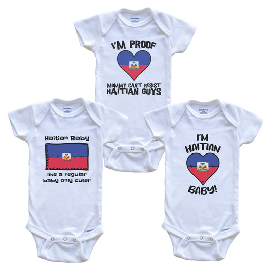 Dad is Haitian Baby Bodysuits Funny Haiti Flag 3 Piece Gift Set