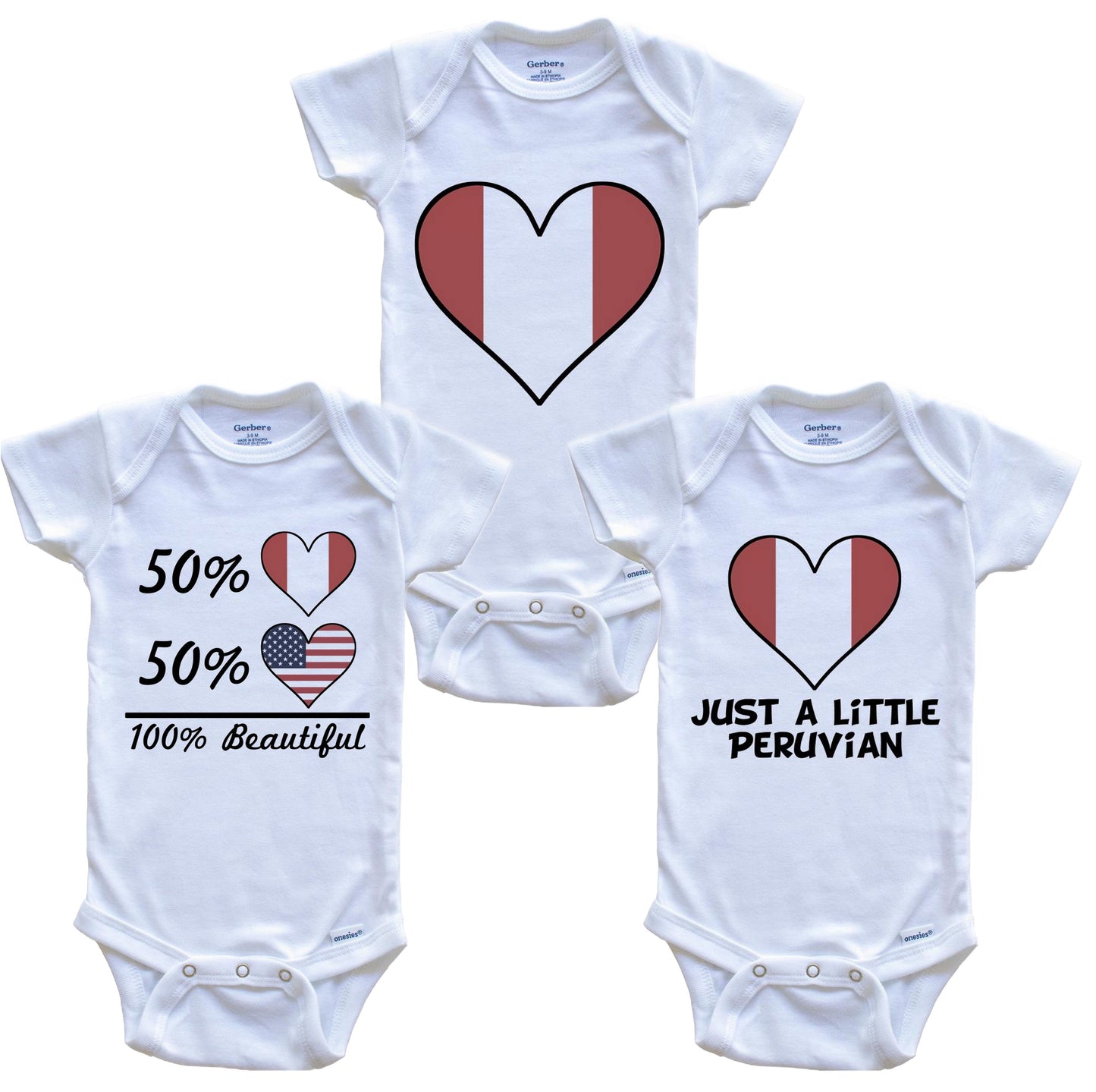 Peruvian American Heart Flag Baby Bodysuit Bundle (3 Piece Set)
