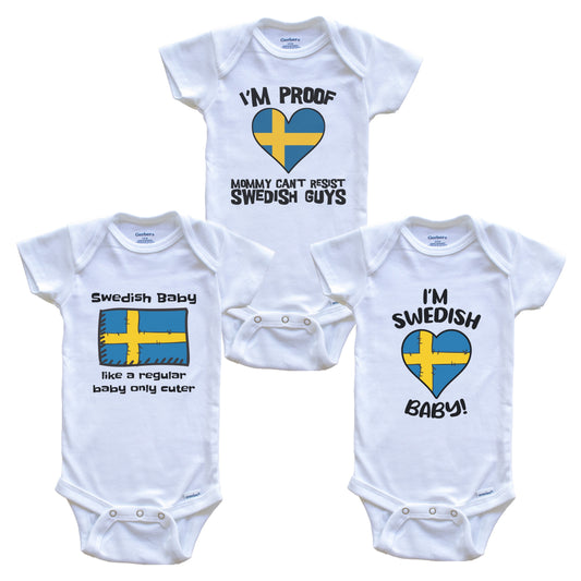 Dad is Swedish Baby Bodysuits Funny Sweden Flag 3 Piece Gift Set