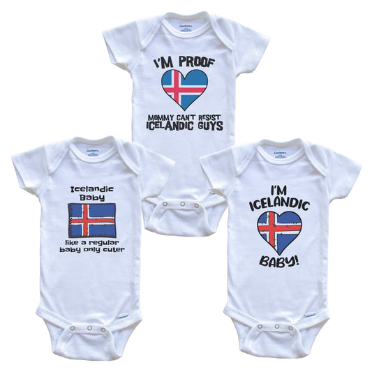 Dad is Icelandic Baby Bodysuits Funny Iceland Flag 3 Piece Gift Set