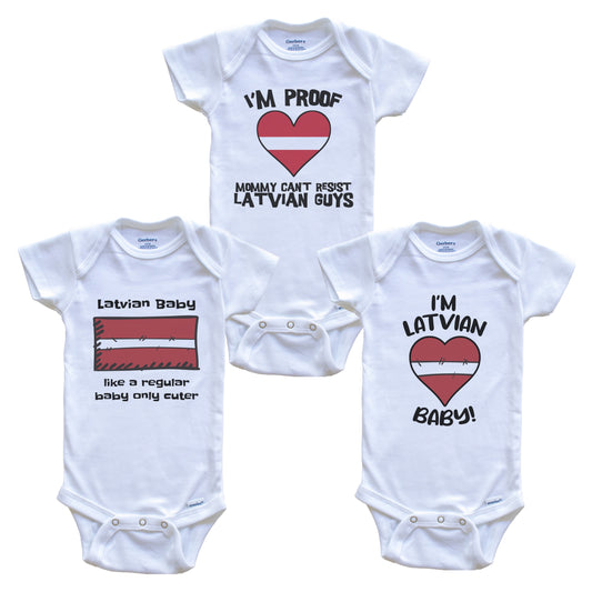Dad is Latvian Baby Bodysuits Funny Latvia Flag 3 Piece Gift Set