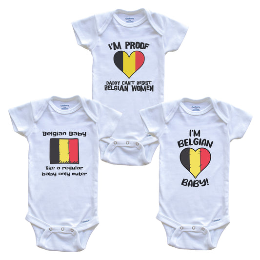 Mom is Belgian Baby Bodysuits Funny Belgium Flag 3 Piece Gift Set