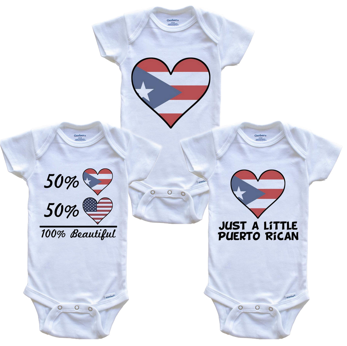 Puerto Rican American Heart Flag Baby Bodysuit Bundle (3 Piece Set)