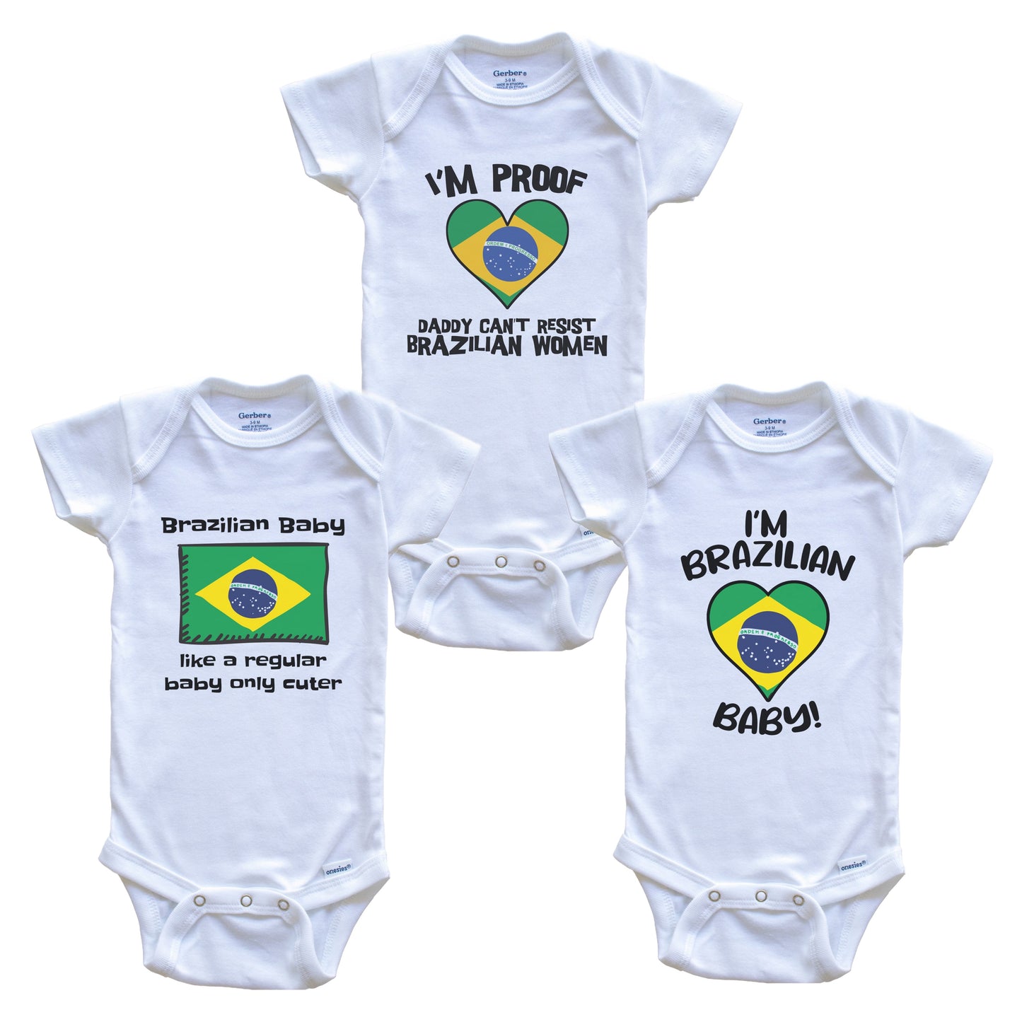 Mom is Brazilian Baby Bodysuits Funny Brazil Flag 3 Piece Gift Set