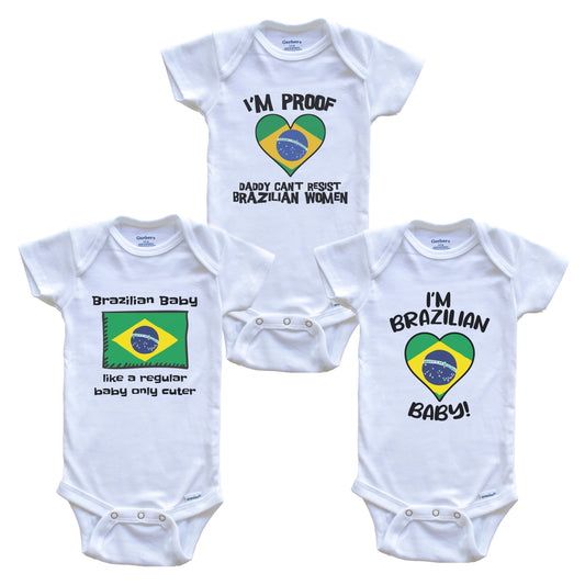 Mom is Brazilian Baby Bodysuits Funny Brazil Flag 3 Piece Gift Set