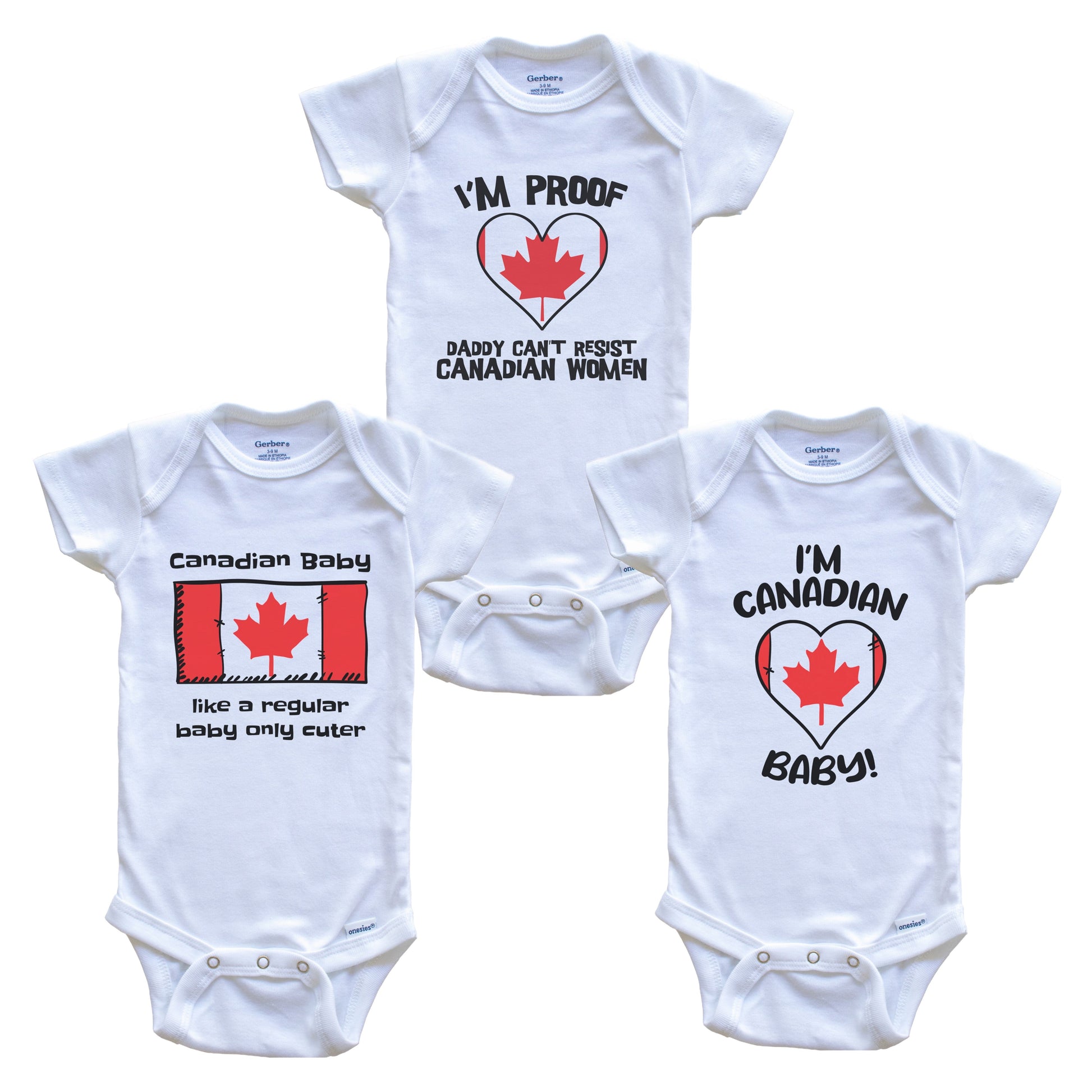 Mom is Canadian Baby Bodysuits Funny Canada Flag 3 Piece Gift Set