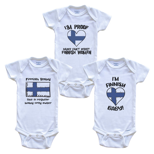 Mom is Finnish Baby Bodysuits Funny Finland Flag 3 Piece Gift Set