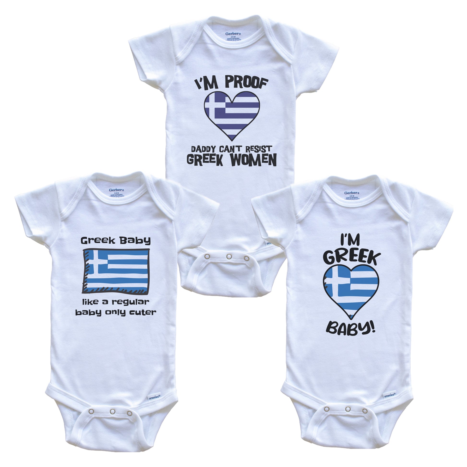 Mom is Greek Baby Bodysuits Funny Greece Flag 3 Piece Gift Set