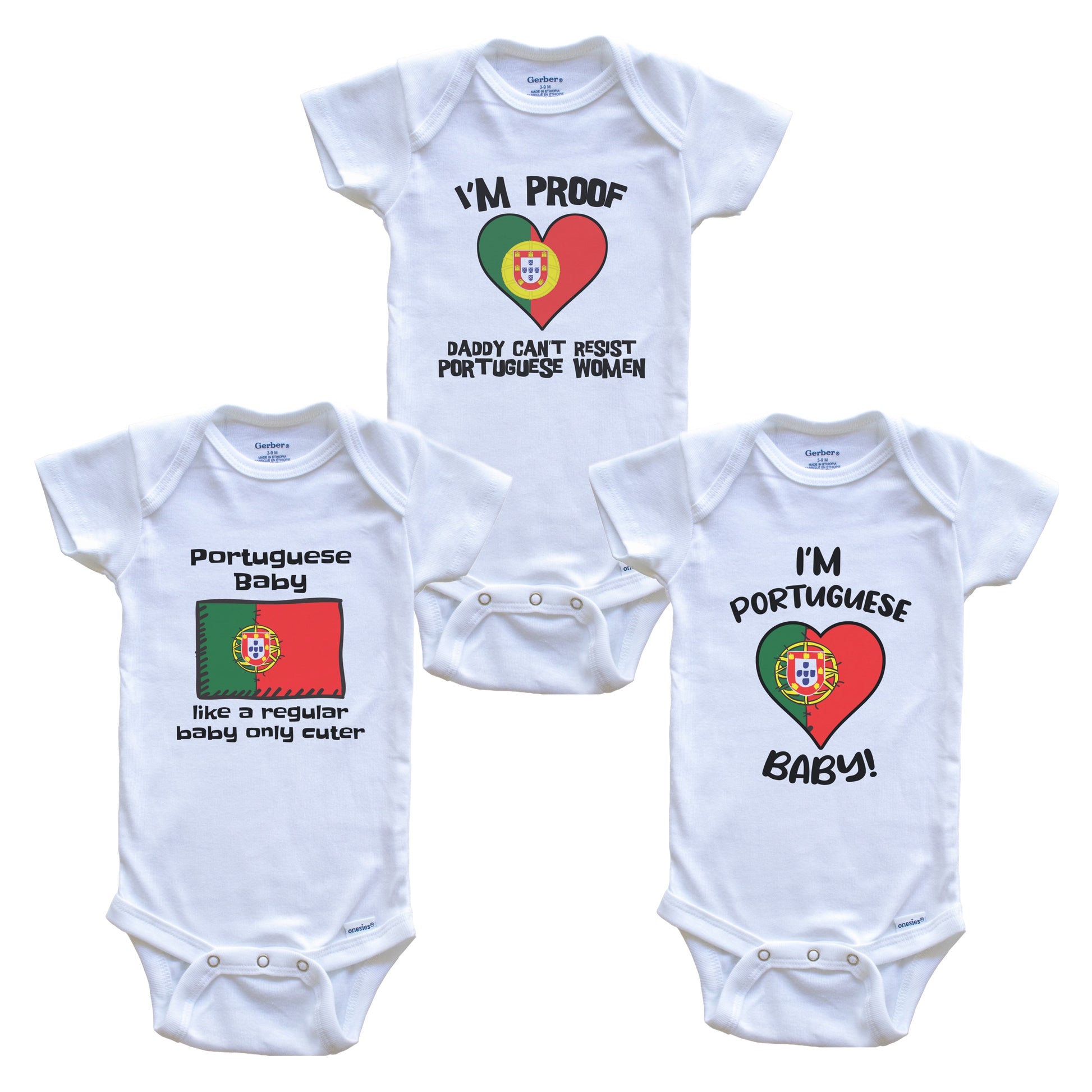 Mom is Portuguese Baby Bodysuits Funny Portugal Flag 3 Piece Gift Set