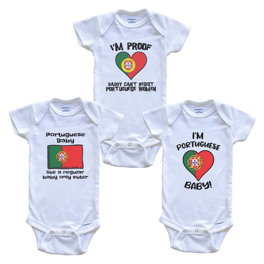Mom is Portuguese Baby Bodysuits Funny Portugal Flag 3 Piece Gift Set