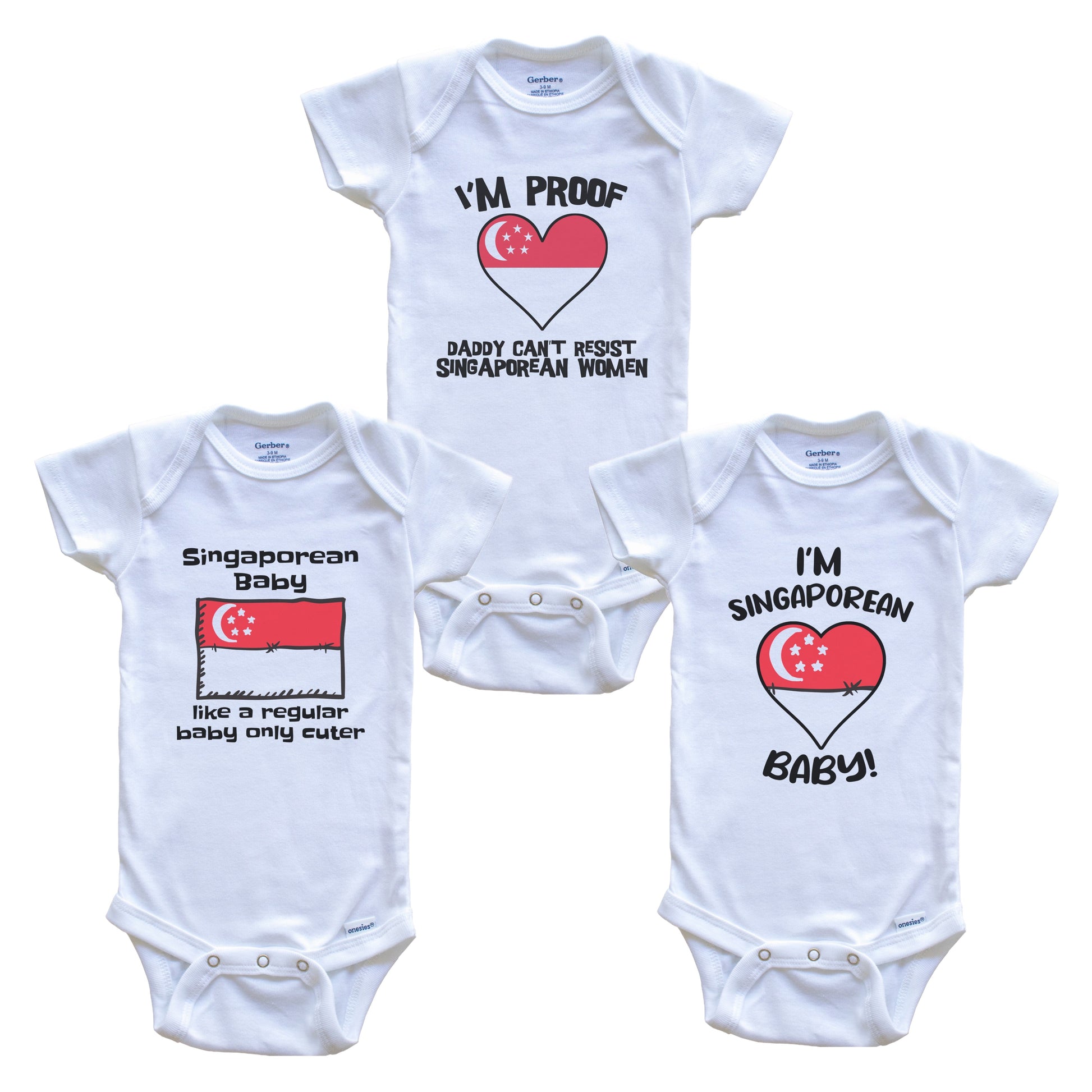 Mom is Singaporean Baby Bodysuits Funny Singapore Flag 3 Piece Gift Set