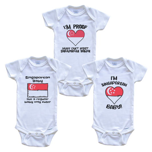 Mom is Singaporean Baby Bodysuits Funny Singapore Flag 3 Piece Gift Set