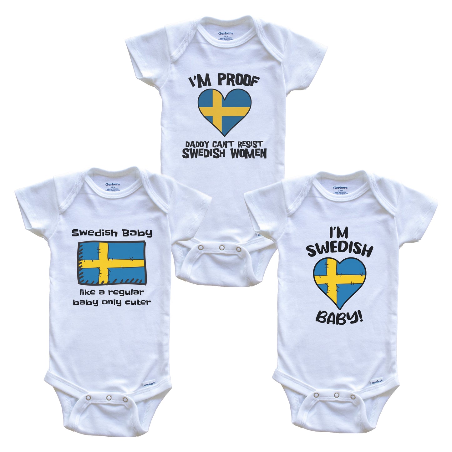 Mom is Swedish Baby Bodysuits Funny Sweden Flag 3 Piece Gift Set
